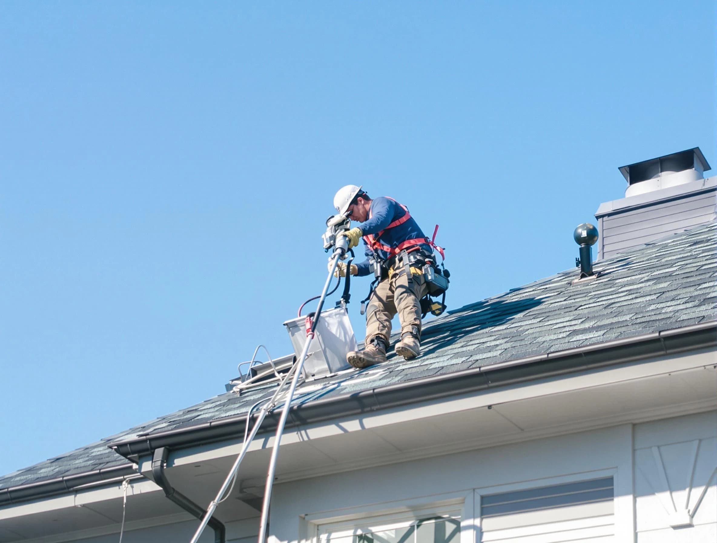 Fairfield Plantation Dryer Vent Cleaning certified technician cleaning a roof-mounted dryer vent system in Fairfield Plantation