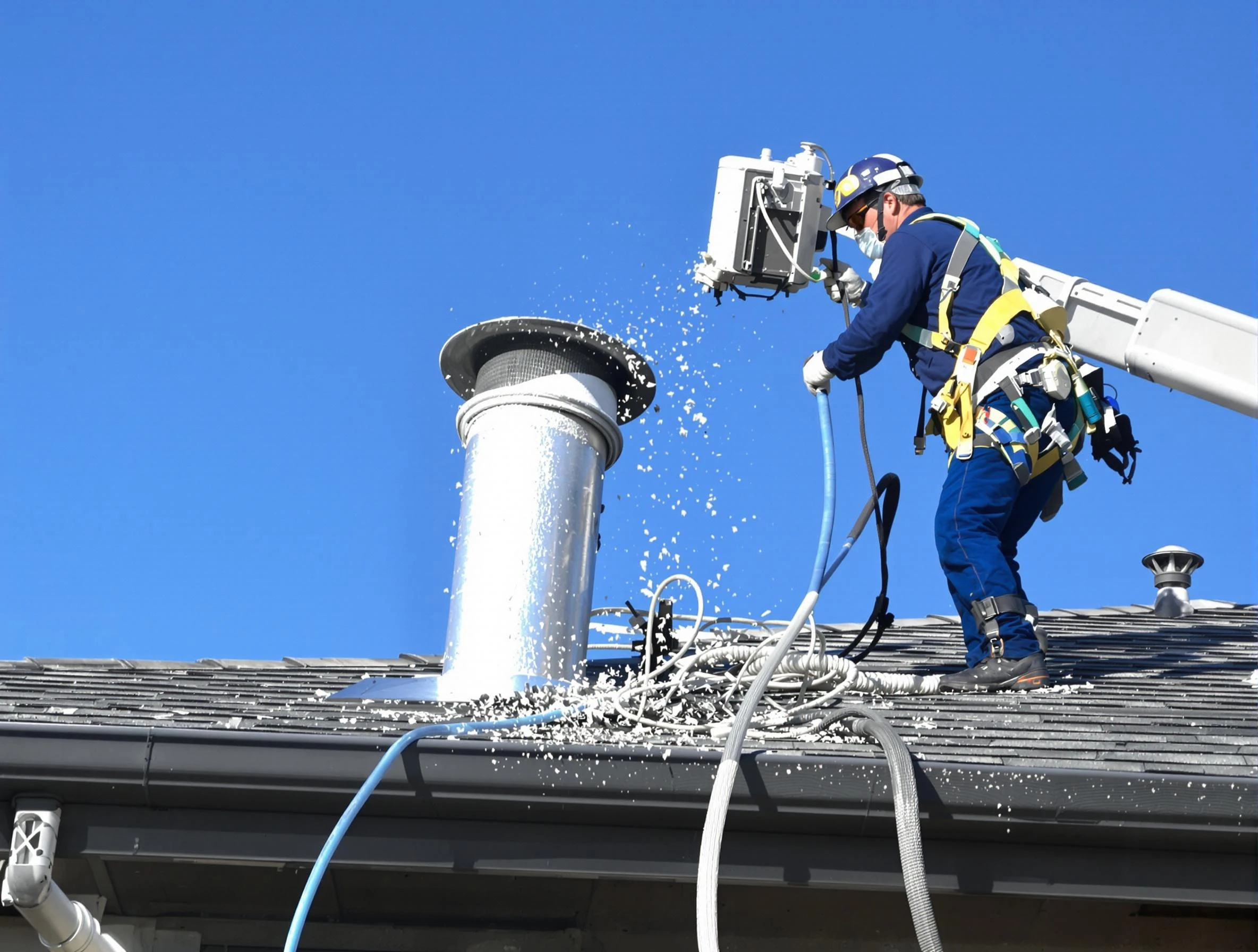 Fairfield Plantation Dryer Vent Cleaning certified technician safely cleaning a roof-mounted dryer vent in Fairfield Plantation