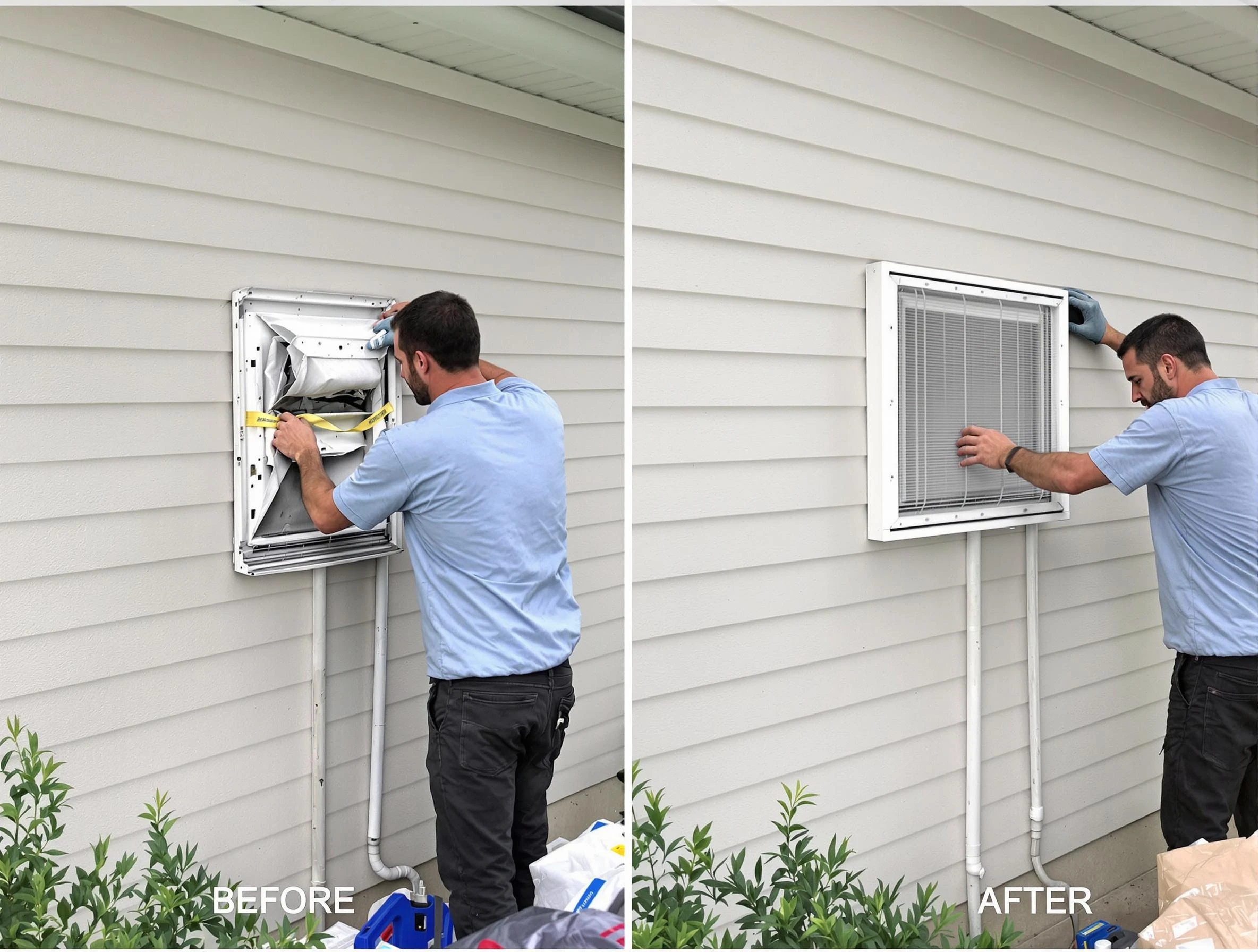 Fairfield Plantation Dryer Vent Cleaning technician installing high-quality dryer vent cover at a residential property in Fairfield Plantation
